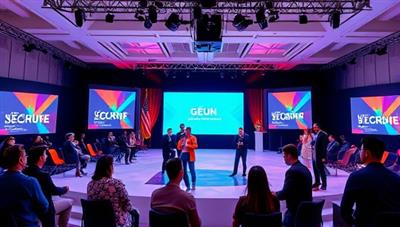 A virtual event setup with attendees interacting in a virtual environment, a stage for speakers, and customizable event branding, creating a visually appealing and immersive virtual event experience on the platform.