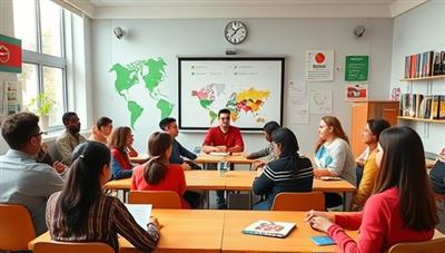A vibrant virtual classroom setting with diverse avatars representing users from different cultures engaging in language learning activities and cultural exchanges, fostering a sense of global connectivity and learning.