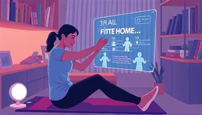 An illustration of a person working out at home with a virtual AI fitness coach projected in front of them, providing guidance and encouragement during the exercise session.