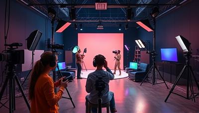 An artistic representation of a virtual photography studio with digital cameras, lighting equipment, and virtual sets, where avatars collaborate on a creative photo shoot, experimenting with different styles, compositions, and visual effects, showcasing the innovative and collaborative nature of the platform.