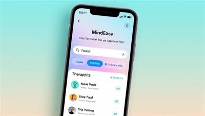A smartphone screen displaying the MindEase Companion app interface, with calming colors, mood tracking features, and a list of available therapists, creating a serene and supportive digital environment for mental wellness.
