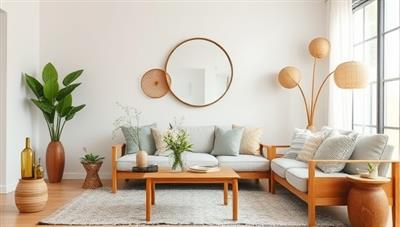 A modern and eco-friendly living room setting with sustainable home decor items like recycled glass vases, reclaimed wood furniture, and organic cotton throw pillows, creating a harmonious and stylish interior space that reflects the ethos of EcoHaven Haven's online platform.