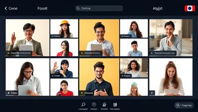 An online platform interface showing multiple virtual pods with diverse participants engaging in language learning activities, creating a dynamic and interactive learning environment.