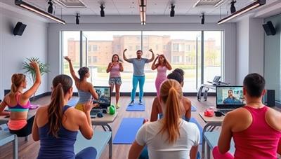 A vibrant virtual fitness class scene with diverse participants following a coach's instructions on their screens, displaying energy and motivation.