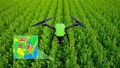 An aerial view captured by a drone showing a lush green agricultural field with detailed crop health analysis overlays, highlighting the precision monitoring capabilities of CropScan Drones and its impact on modern farming practices.