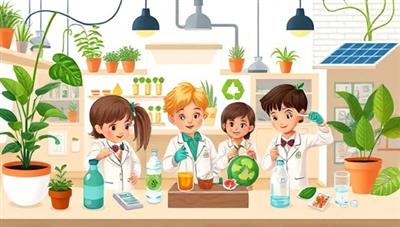 An imaginative lab setting with children enthusiastically experimenting with eco-friendly science kits, surrounded by plants, solar panels, and recyclable materials, showcasing the hands-on and eco-conscious approach of EcoSci Explorers' educational kits.