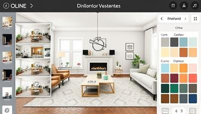 An innovative digital room visualizer tool displaying different design concepts and furniture arrangements in a virtual living room, surrounded by color samples and decor options, showcasing the versatility and creativity of online interior design services.