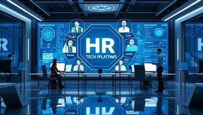 A futuristic office setting with a digital interface displaying HR tech platforms, surrounded by virtual HR team members collaborating seamlessly, symbolizing efficiency and innovation in HR processes.