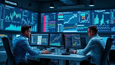 A modern tech office environment with programmers and financial analysts working together on AI algorithms, with screens displaying complex financial data patterns and insights, showcasing the cutting-edge technology and advanced analytics capabilities of FinTech Analyzer in financial analysis.