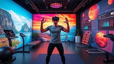 An immersive VR fitness studio environment with a virtual coach leading a high-energy workout session, surrounded by vibrant digital landscapes, workout equipment, and interactive fitness metrics, showcasing the dynamic and engaging fitness experience offered by VR Fit Fusion.