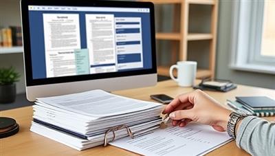 An online workspace with a computer displaying legal document templates, a stack of papers with legal symbols, and a person working diligently to create a customized legal document, conveying professionalism and efficiency.