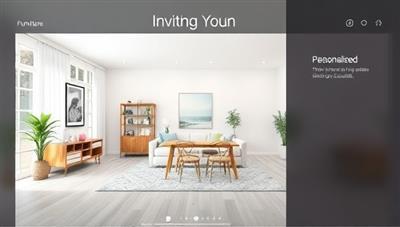An inviting digital interface showcasing a 3D room rendering with virtual furniture placement, color schemes, and decor elements, illustrating the concept of personalized virtual interior design services.