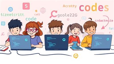 An animated illustration of a group of enthusiastic kids coding on laptops with colorful code snippets floating around them, conveying a playful and educational coding environment.