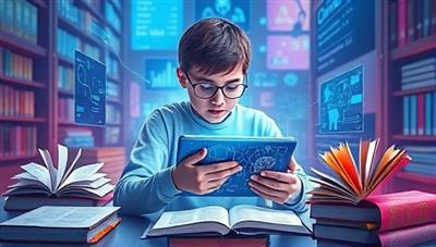 An imaginative digital artwork depicting a student interacting with a futuristic AI tutor on a holographic tablet, surrounded by virtual books and learning materials, creating a visually captivating and tech-infused educational environment.