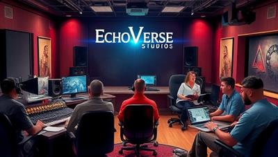 An artistic representation of EchoVerse Studios in action, featuring a recording booth with voice actors performing scenes, sound engineers mixing audio tracks, and writers collaborating on scripts, creating a vibrant and dynamic atmosphere of creativity, collaboration, and storytelling magic in the audio drama production process.