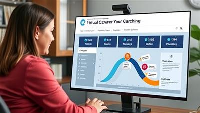 An online career coaching session featuring a career coach providing guidance on career development strategies to a client, with a virtual career roadmap and goal-setting tools visible on the screen, symbolizing the empowerment and direction offered by CareerCatalyst Virtual's platform.