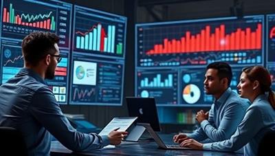 An eye-catching visualization of a digital marketing strategist analyzing data on multiple screens, brainstorming creative campaign ideas, and collaborating with a diverse team of specialists, symbolizing innovation and strategic planning in the digital marketing realm.