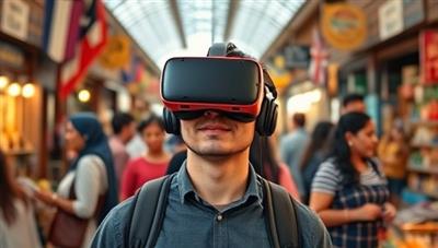 An individual wearing a VR headset, immersed in a bustling marketplace scenario, surrounded by native speakers conversing in different languages, showcasing the platform's immersive language learning experience.