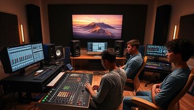 An immersive virtual music production studio setup with digital mixing consoles, MIDI controllers, and studio monitors, a mentor guiding students through a production session, and creative soundscapes visualized on screen, embodying the essence of online music production education.
