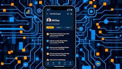 A smartphone screen displaying the WriteWise AI app interface, with a user receiving real-time writing suggestions and corrections, surrounded by digital AI elements like algorithms and data patterns, illustrating the app's advanced technology and user-friendly design.