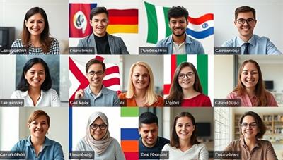 A diverse group of language learners engaging in virtual language exchange sessions, with each participant representing a different culture and language, creating a dynamic and interactive learning environment that promotes language diversity and global connections.