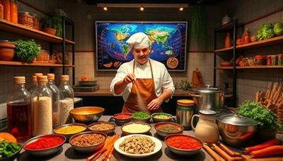 An immersive virtual cooking class setting with a chef demonstrating culinary techniques and recipes from a global destination, surrounded by vibrant spices, fresh ingredients, and cooking utensils, creating a sensory experience of travel through cuisine.
