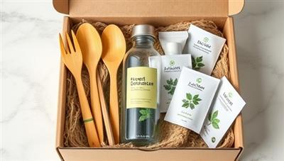 An aesthetically pleasing box filled with eco-friendly products like bamboo utensils, plant-based skincare, a reusable water bottle, and seed packets, symbolizing sustainability and conscious living.