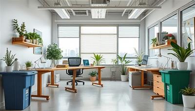 An image of a small business office transformed into a sustainable workspace with eco-friendly products, recycling bins, and energy-efficient lighting, showcasing a commitment to environmental responsibility.