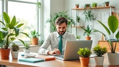 An office setting with a green accountant working on a laptop, surrounded by potted plants and eco-friendly office supplies, symbolizing eco-conscious accounting practices and sustainable business solutions.