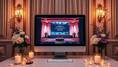 An elegant virtual event setup with a computer screen displaying a virtual conference, surrounded by decorative elements like flowers and candles, creating a sophisticated and immersive virtual event ambiance.