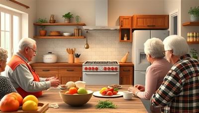 A cozy virtual kitchen setup with elderly avatars following along with a cooking demonstration, surrounded by fresh ingredients, cooking utensils, and a warm, inviting ambiance, creating a social and culinary experience that fosters connection and enjoyment for seniors.