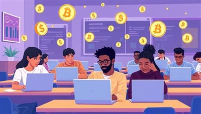 An illustration of a digital classroom setting with diverse students learning about cryptocurrency investments on laptops, with virtual currency symbols floating around, symbolizing education and financial growth.