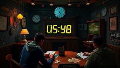 An intricately designed virtual escape room setting with players collaborating and solving puzzles together, with a countdown clock ticking in the background, creating a sense of urgency and excitement during the EscapeQuest Live challenge.