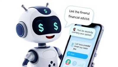 An animated chatbot character with a friendly face and a speech bubble containing financial symbols like dollar signs and graphs, interacting with a user on a smartphone screen, conveying accessibility and personalized financial advice.