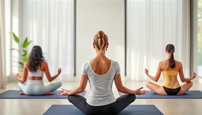 A virtual yoga session led by a wellness coach, with participants engaging in poses and meditation practices in a serene digital environment that promotes relaxation, mindfulness, and holistic well-being, capturing the essence of virtual health coaching and wellness support.