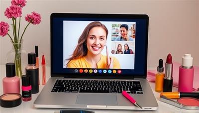 A laptop screen displaying a virtual beauty consultation session, with a beauty expert engaging with a client through a video call, surrounded by colorful cosmetic products and skincare items, creating a vibrant and interactive beauty experience.