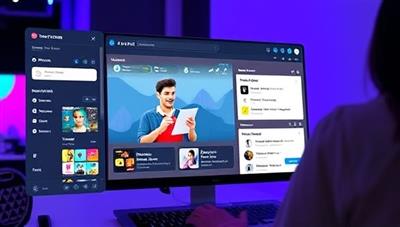 An online event setup scene with a user customizing event details on the EventEase platform, selecting themes, adding guest lists, and setting up interactive features, highlighting the platform's user-friendly interface and event customization options.