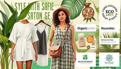 An aesthetically pleasing digital collage showcasing sustainable fashion items like organic cotton clothing, recycled accessories, and ethically sourced jewelry against a backdrop of lush greenery and eco-conscious branding elements, conveying a message of style with a purpose.