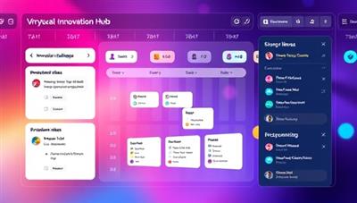 A dynamic visual of a virtual innovation hub interface displaying innovation challenges, project timelines, and collaborative tools for team members to brainstorm ideas, share feedback, and visualize project progress, fostering a culture of creativity and innovation in a digital space.