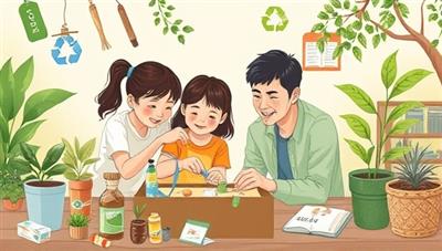 An eco-conscious digital illustration of a family engaging in a STEM project from the EcoSTEM Box, surrounded by recyclable materials, plant-based components, and educational guides promoting sustainability and hands-on learning, reflecting the eco-friendly ethos of the subscription service.