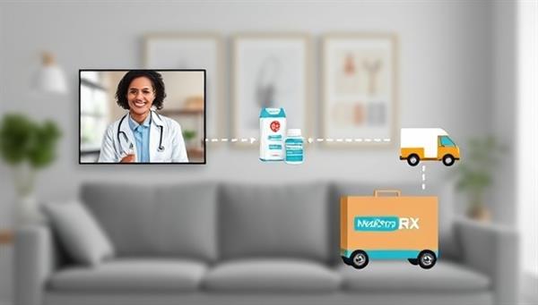 A modern and efficient image of a virtual consultation with a healthcare provider, followed by a seamless prescription delivery process, showcasing the simplicity and convenience of accessing healthcare services and medications from the comfort of home through MediDrop Rx.