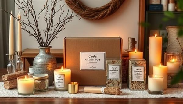 A cozy home setting with the candle making kit components elegantly displayed, surrounded by decorative elements and finished candles, creating a warm and inviting atmosphere that inspires creativity and craftmanship.
