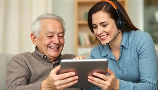 An elderly individual smiling while receiving patient and friendly tech support assistance at home, with a tech expert guiding them through a tablet or smartphone setup, showcasing understanding and support for seniors in the digital age.