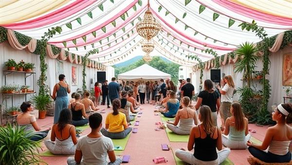 A vibrant and inclusive image of a virtual wellness fair showcasing various holistic services, including yoga classes, meditation sessions, and wellness workshops, with diverse participants engaging in activities, creating a sense of community and well-being within the WellnessHub Marketplace.