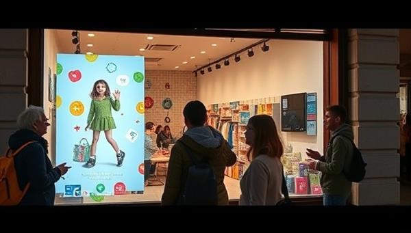 An engaging storefront display with passersby interacting with a digital AR advertisement projected onto the window, showcasing a fun and interactive experience.