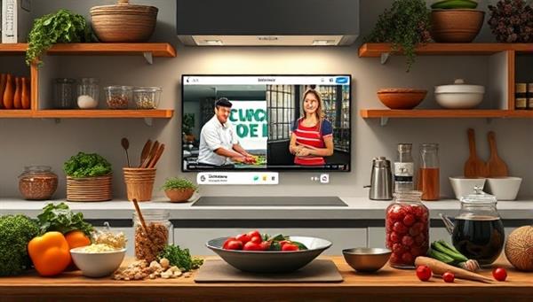 An interactive kitchen scene with diverse cooking ingredients, utensils, and a digital screen displaying a live cooking class session, embodying the immersive culinary experience offered by CuisineCraft Connect.