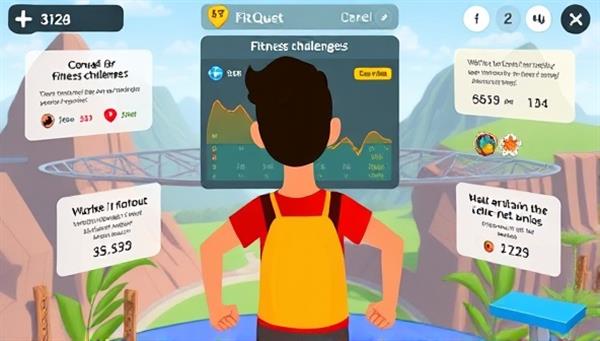 An animated illustration of a user avatar conquering fitness challenges in a virtual world, with workout stats and achievements displayed on-screen, surrounded by motivational messages and virtual rewards, conveying the fun and motivating experience of FitQuest Adventures.