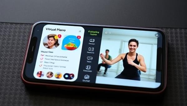 A smartphone displaying a fitness app interface with workout plans, nutritional tips, and a virtual trainer conducting a training session, conveying convenience and expertise.