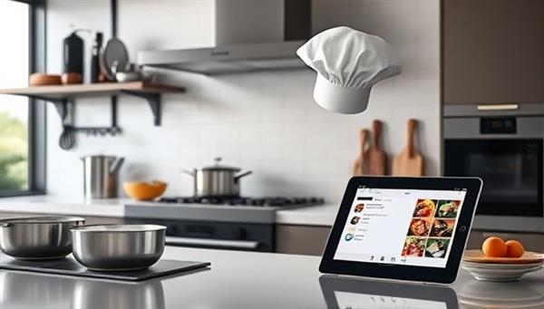 A sleek, modern kitchen setup with state-of-the-art cooking gadgets, a chef