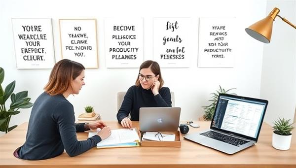 A modern home office setup with a productivity coach conducting a virtual coaching session with a client, surrounded by motivational quotes, a planner, a laptop displaying productivity tools, and a calming workspace, creating a focused and supportive coaching environment.
